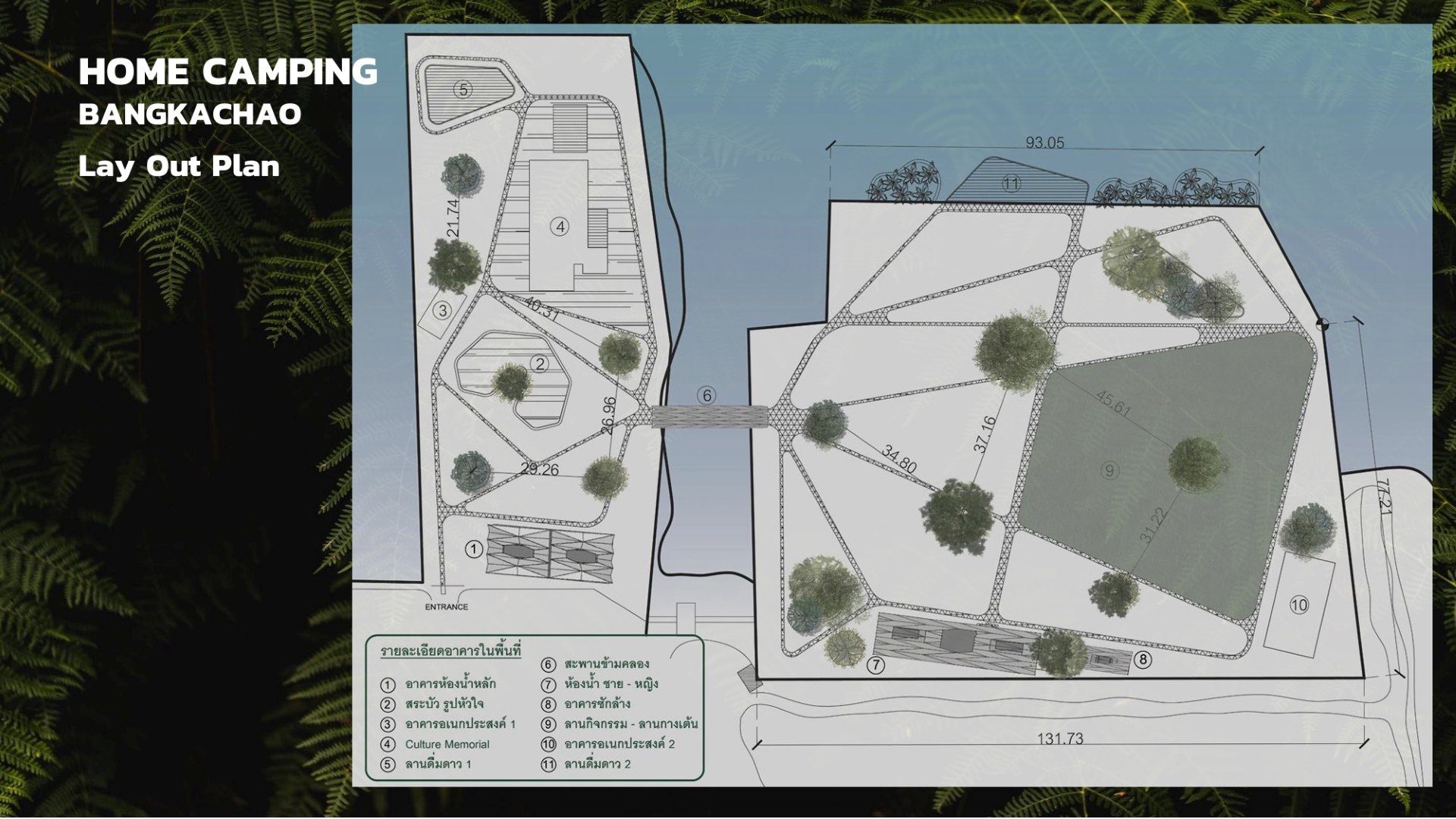 แบบผังแม่บท (Lay Out Plan) ของโครงการ HOME CAMPING บางกะเจ้า แสดงตำแหน่งอาคารและพื้นที่ทั้งหมด